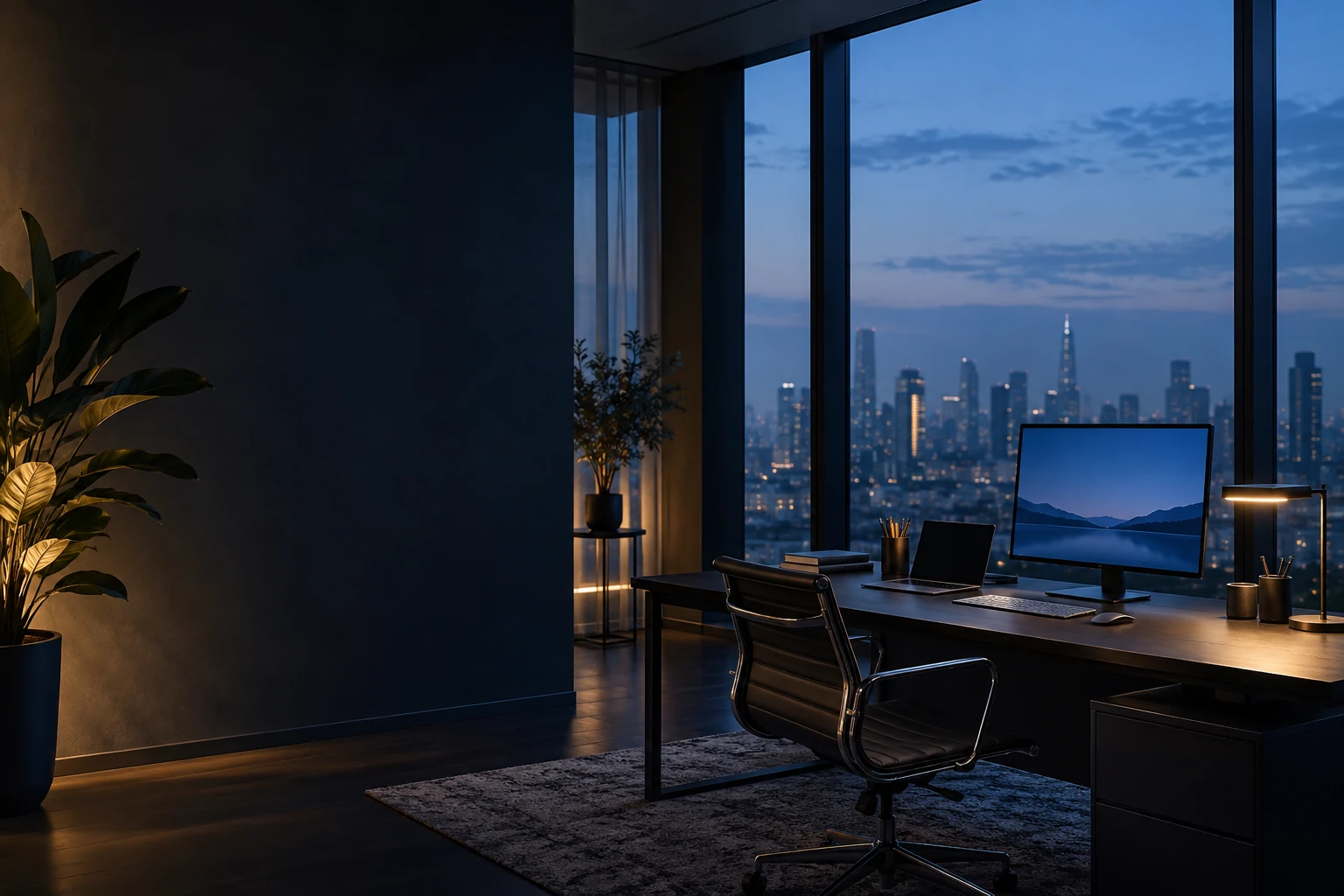 Symbolmotiv: moderner Arbeitsplatz im Abendlicht mit Computer und Laptop.